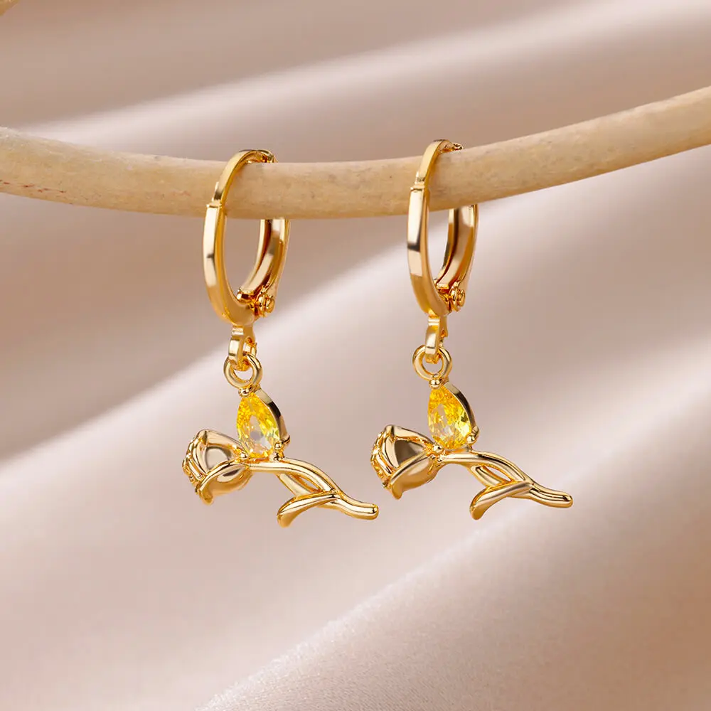 Purple Zircon Rse Flower Earrings For Women