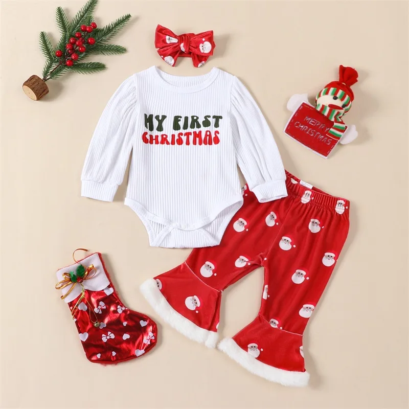 

SUNSIOM Infant Baby Girl Christmas Jumpsuit Outfits Letter Print Long Puff Sleeve Romper + Velvet Flare Pants + Headband 3pcs