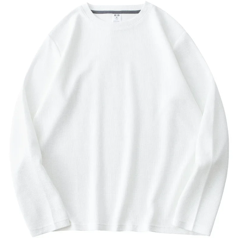 Men Sweater Men Waffle Long Sleeve T-shirt Men Heavy Round Neck Loose T-shirt Top Autumn New Solid Base Shirt Men Winter Clothes 5