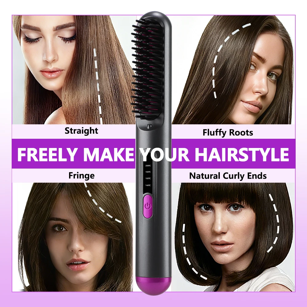 Professional Hair Straightener Brush 4 Levels Temperature Adjustable Cordless Portable Fast Heating Hairstyle Hair Straight Comb