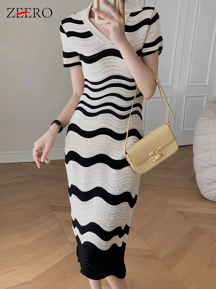 

Женское трикотажное платье в полоску, повседневное элегантное тонкое платье миди из вискозы с коротким рукавом, V-образным вырезом и юбкой в Корейском стиле на лето