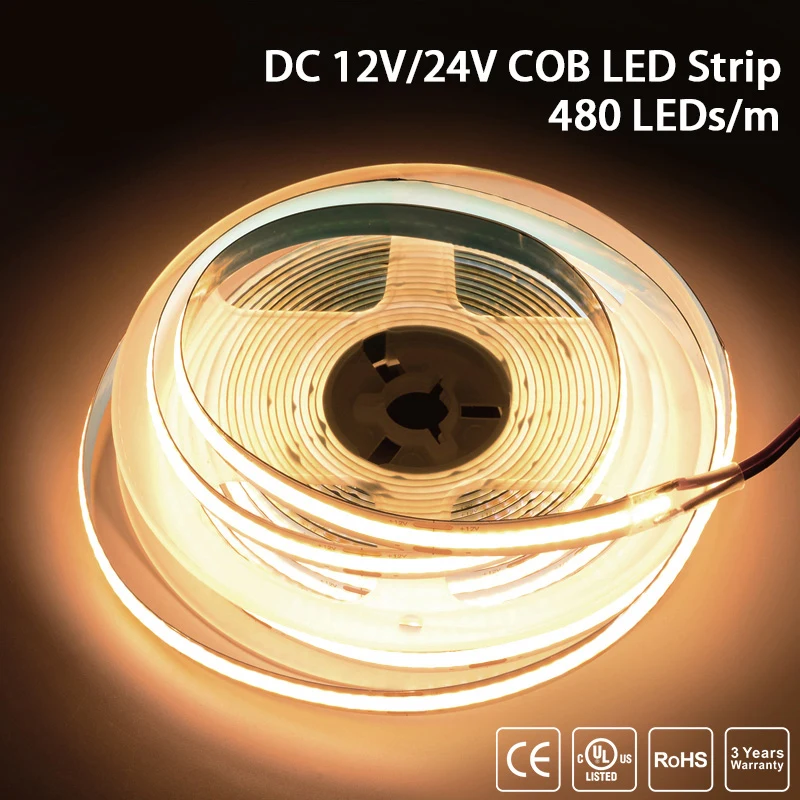 

UL Listed COB LED Strip Light 320 480 LEDs/m 16.4ft High Density Flexible Tape Ribbon 3000-6500K RA90 Led Lights DC12V 24V