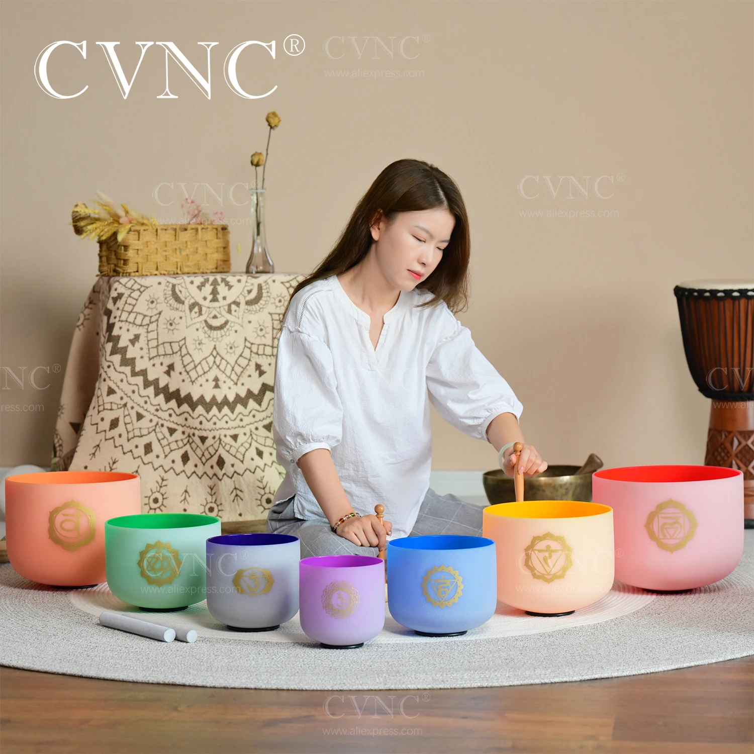 CVNC612ColorChakraDesignFrostedQuartzCrystalSingingBowlSet
