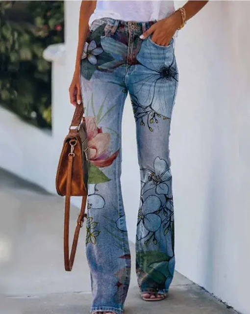 Casual Plus Size Women's Bell Bottom Pants 2024 Art Floral Casual Plus Size Women's Bell Bottom Pants 2024 Art Floral