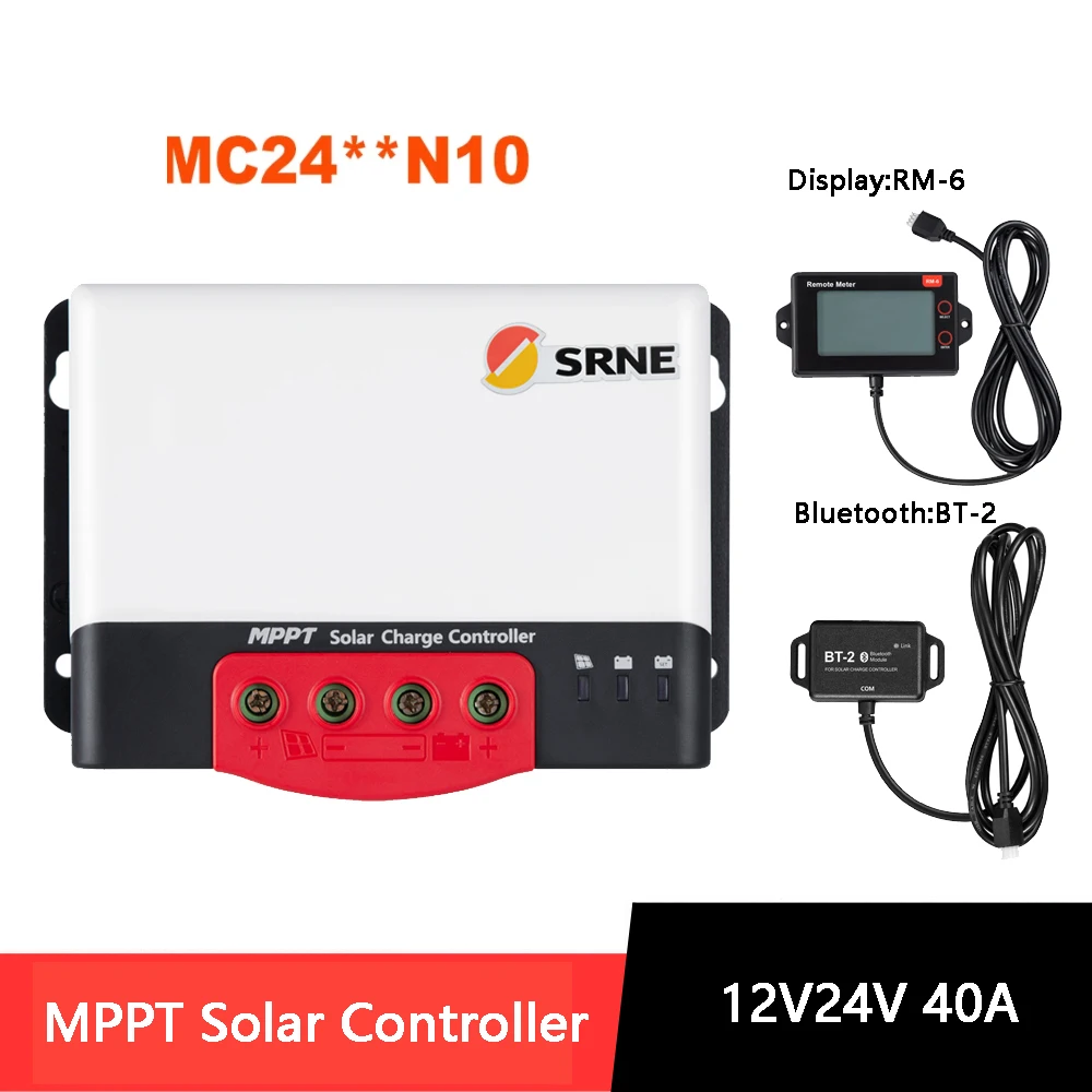 

SRNE MC2440N10 40A MPPT Solar Charge Controller 12V 24V Solar Regulator For Max 1100W Input Lithium Battery With BT-2 RM-6