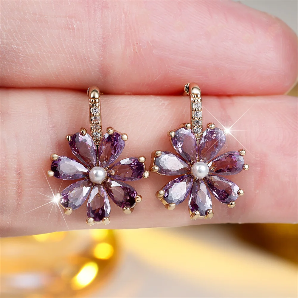 Green Zircon Daisy Flower Simulated Pearl Stud Earrings For Women Vintage Gold Color Wedding Earring Valentines Day Jewelry Gift