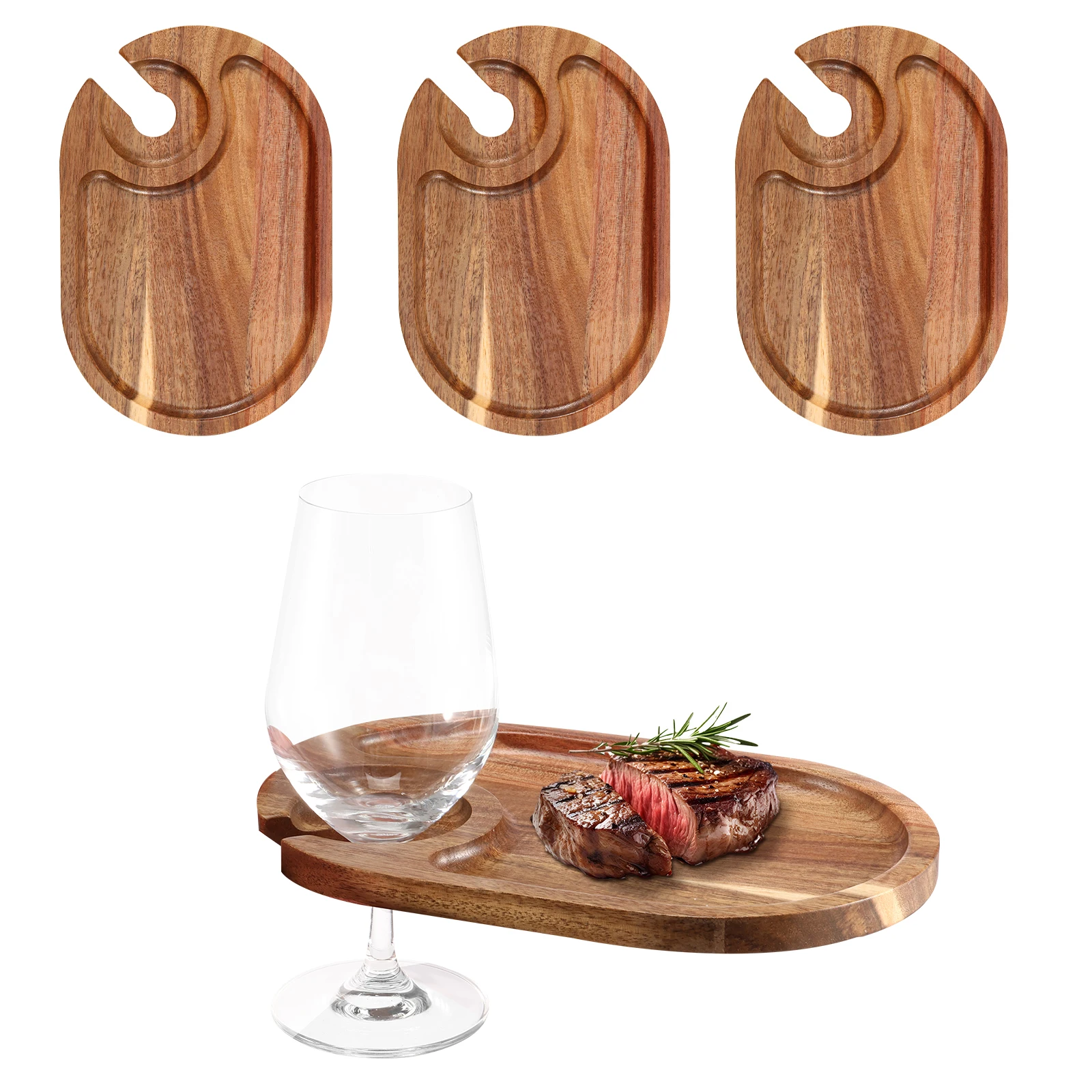 Wine Appetizer Plates, Cocktail Plate with Glass Holder, Cheese Board with Wine Holder, (Acacia Wood), 9 x 6, Set of 4