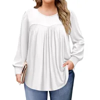 Plus Size Long Sleeved Tops Women's Spring and Autumn Round Neck Front Pleated Flowy Tunic Solid Color Casual Loose Blouse, L-5X - Image 3