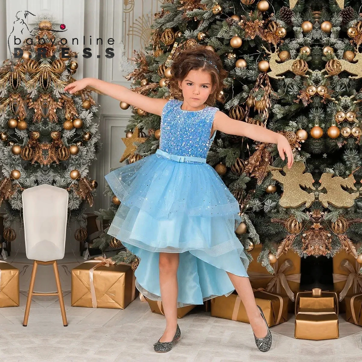 

BABYONLINE Flower Girl Dress Corset Top Lush Multi-layer Skirt is Covered with Small Star Shaped Sequins Satin Belt with a Bow