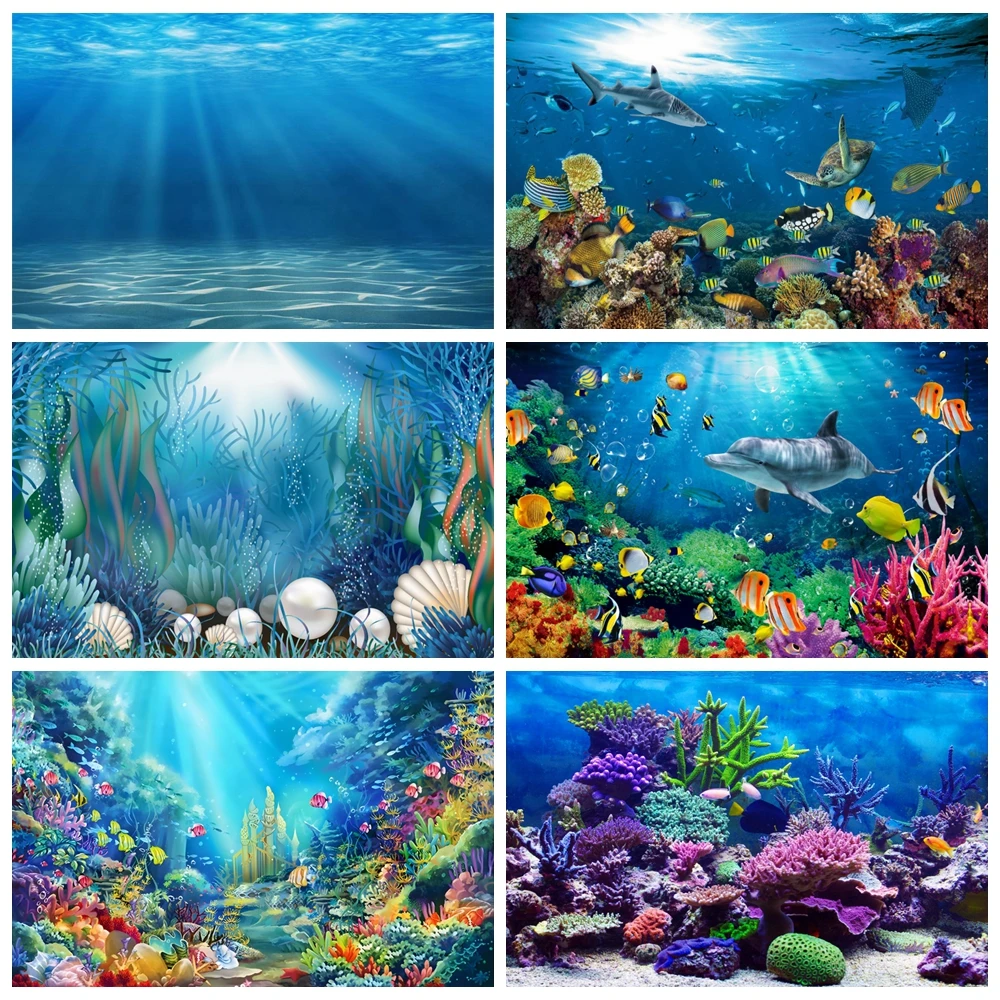 Underwater World Seabed Backdrop Ocean Undersea Shark Fish Coral Baby Birthday Party Decor Photography Background Photo Studio