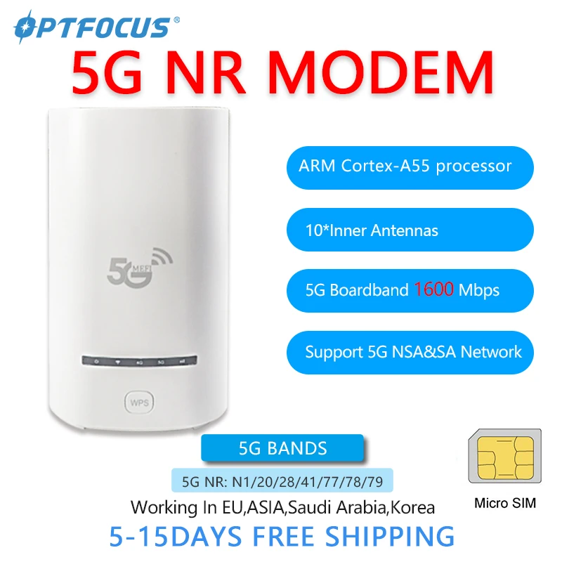 OPTFOCUS 5G SIM 와이파이 라우터 모뎀, 1.6Gbps 와이파이 SIM 카드, 5G NSA SA 와이파이 라우터 ...
