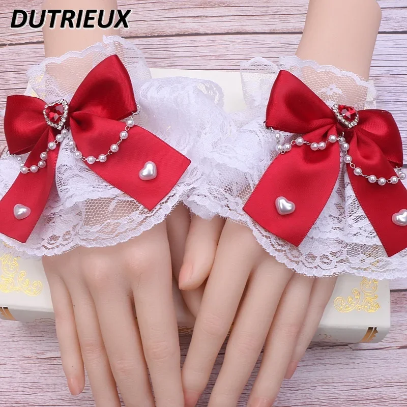 Handmade Sweet Cute Lolita Mine Lace Bow Bead Chain Love Oversleeves Summer Japanese Style Kawaii Girls Y2k Accessories