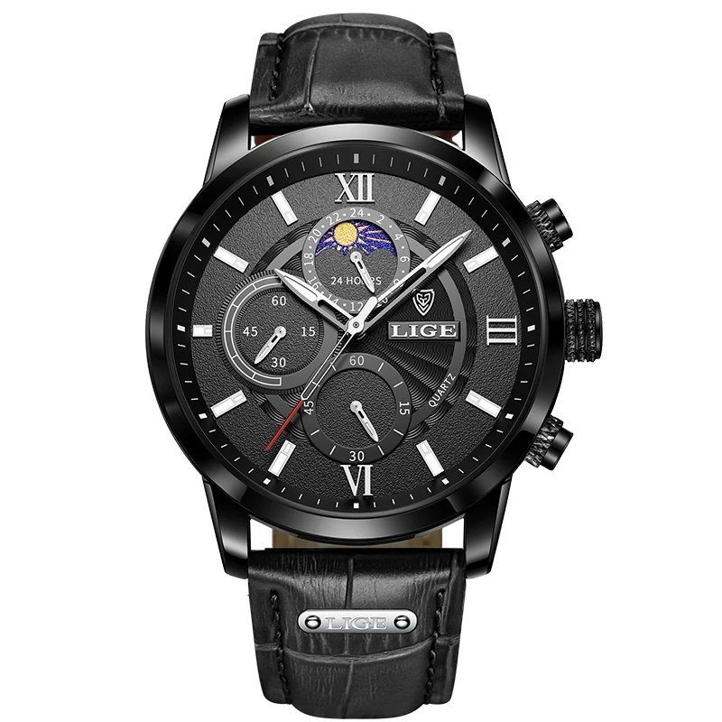 LIGE Luxury Men's Waterproof Luminous Leather Quartz Wristwatch