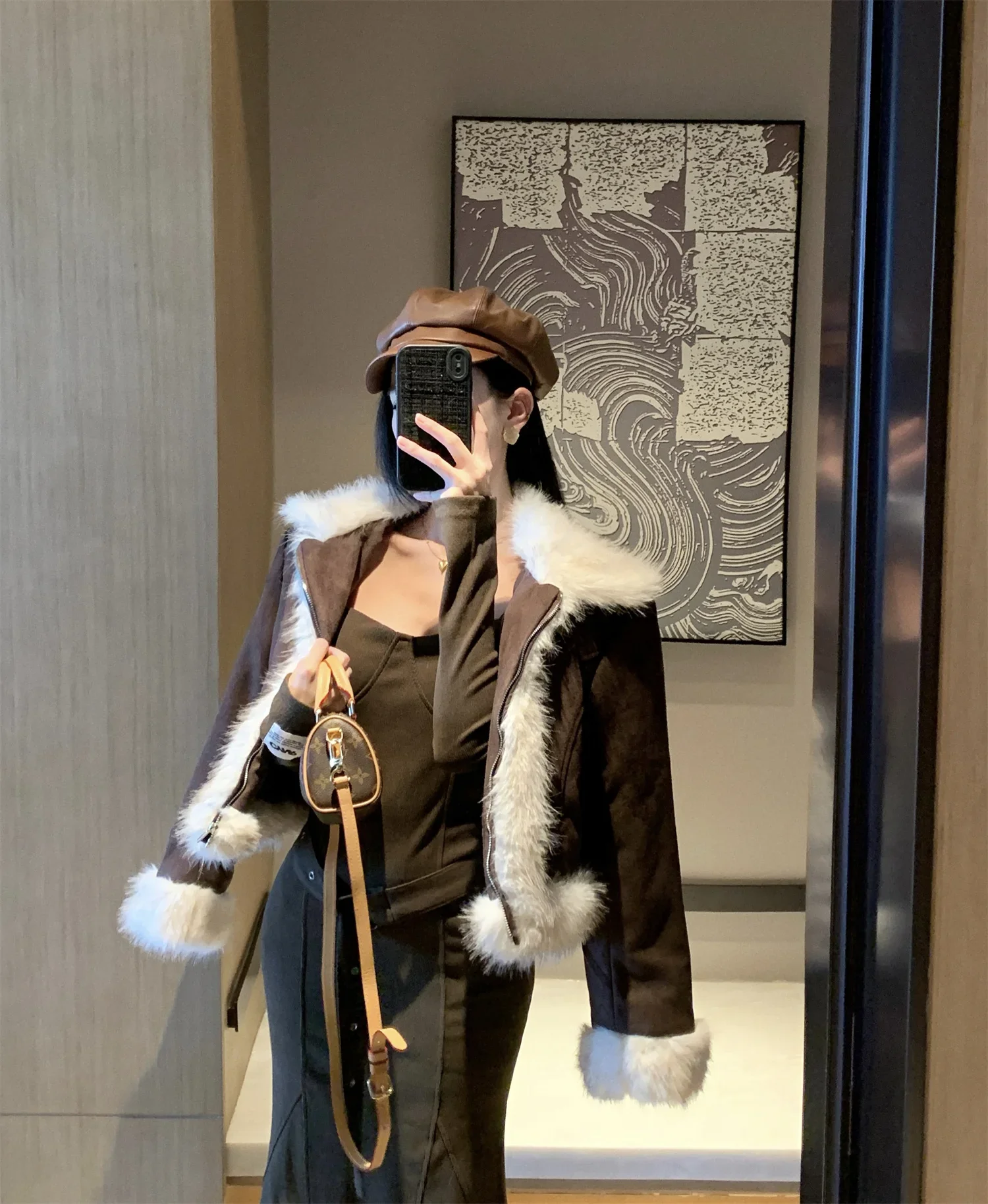 Korean Style Winter Female Jacket Vintage Fuzzy Fur Turn-down Collar Long Sleeve Zipper Fly Women's Coats Youmg Lady Outerwear