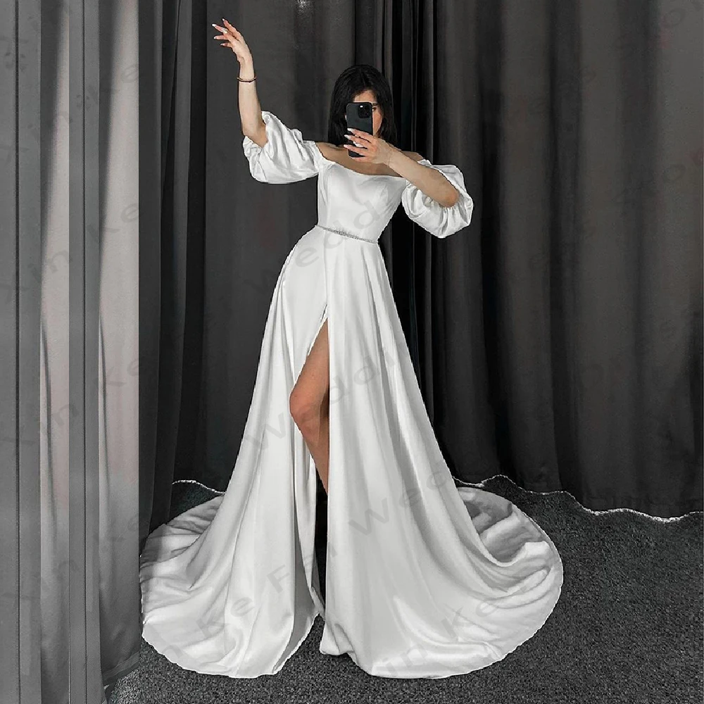 

Gorgeous Satin Romantic Wedding Dresses A-Line Sexy Mermaid Off Shoulder Fluffy Sleeves With High Slit Bride Gowns Custom Made