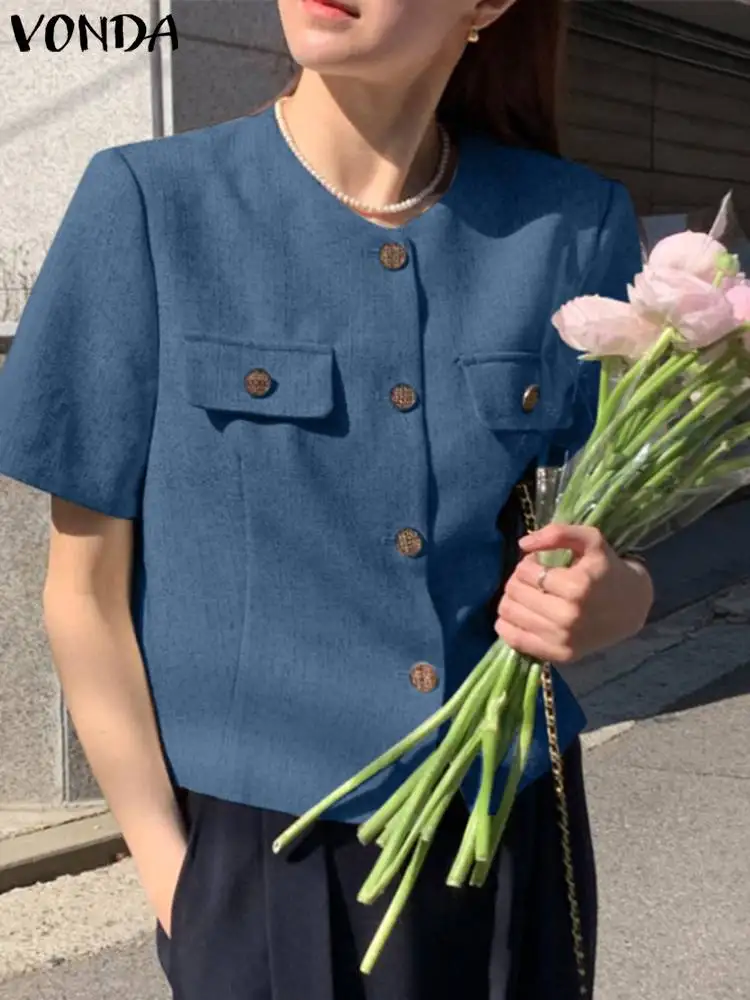 

Women Blazer 2023 VONDA Fashion Elegant Outwear Sexy Short Sleeve O-Neck Streetwear Short Coats Casual OL Style Blazer