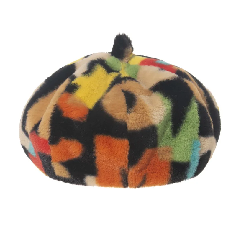 

Fashion Lady Faux Fur Rainbow Letter Pattern Berets Hats Caps Women Winter Gorros Mujer