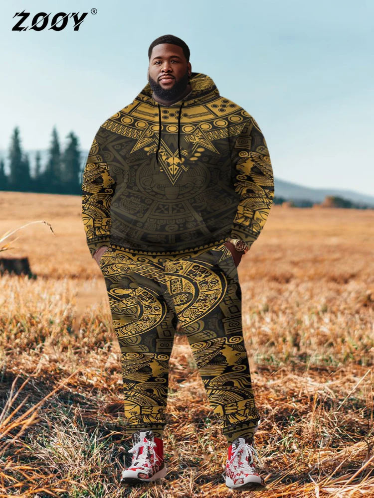 

ZOOY (L-9XL) Men's Plus Size Sweatshirt Suit Golden Ratio Graphic Country Field Jacquard Graffiti Retro Hoodie Sweatpants Suit