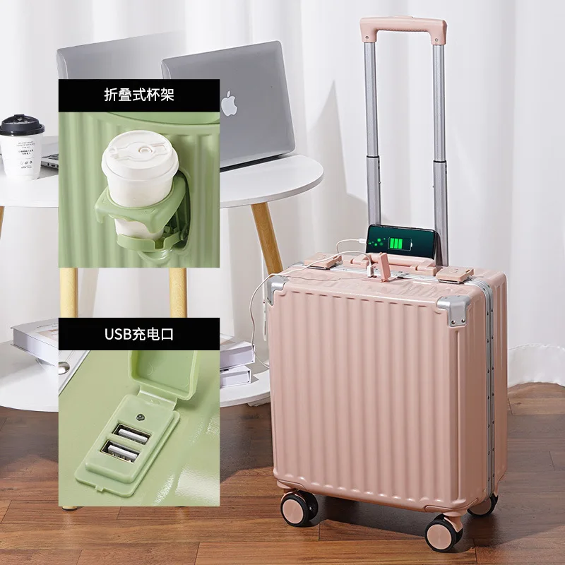 PLUENLI Luggage Women's Small Trolley Case Cup Holder Aluminum Frame Password Men's Suitcase Strong Rechargeable Boarding Bag