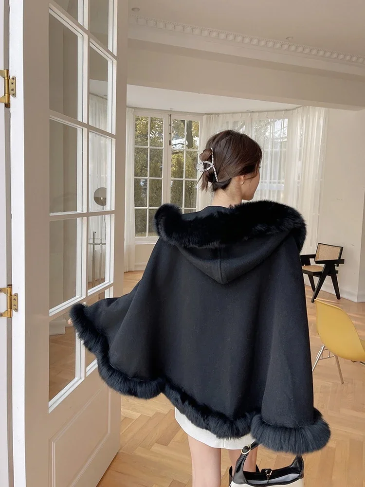 Winter Jacket Women's Clothing Medium Length Fox Fur Cape Wool Double-sided Fur Coat Hooded Warm Thick Loose Fitting Outer Wear