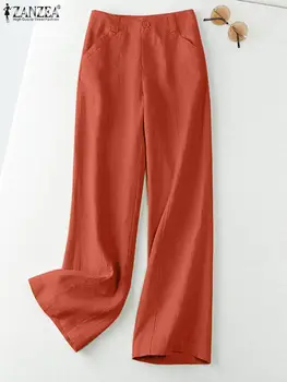 ZANZEA 2025 Autumn Summer Spring Fashion Women Pants Cotton Linen Long Trousers Wide Leg Plain Holiday Casual Pants Streetwear