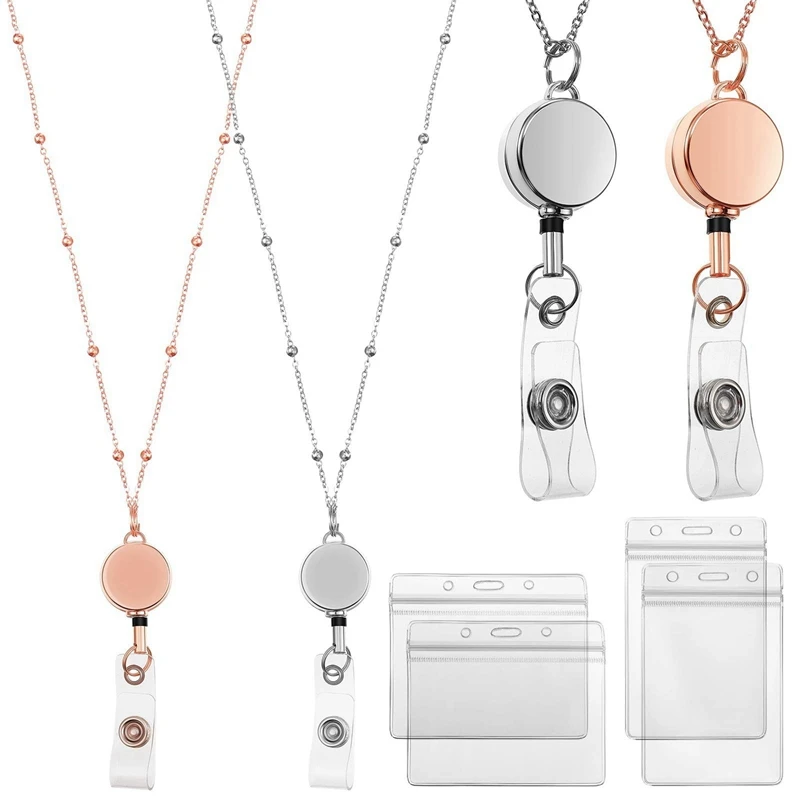 

4 Pcs Retractable Badge Reel Lanyard With ID Holder Necklace Lanyard Badge Clip Chain Waterproof Holder - C