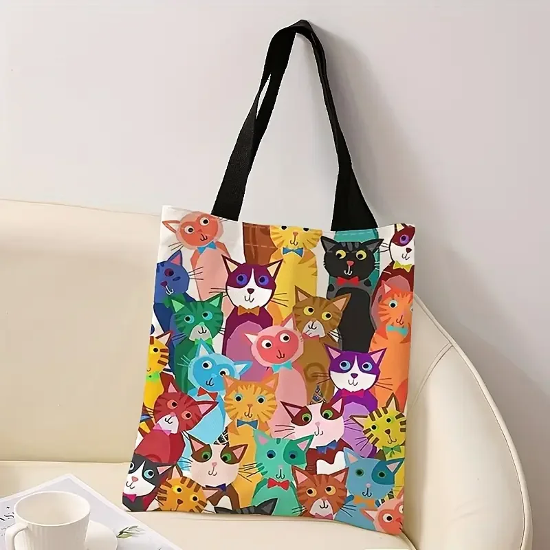 Colorful kitten pattern printed casual handbag, reusable fashionable backpack, multifunctional handbag, canvas shopping bag