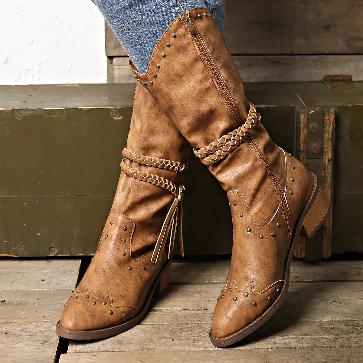 Braided straps tassel mid-calf boots main image 0