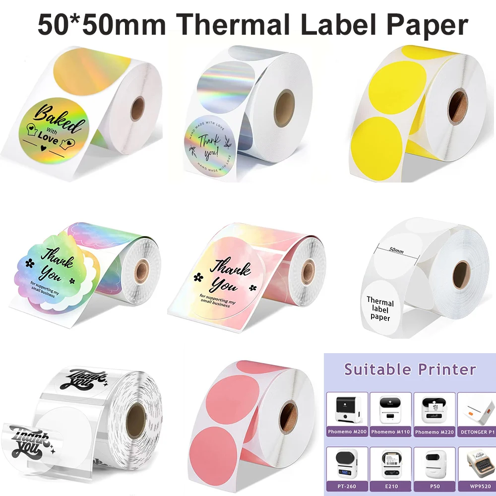 500 Uds/rollo De Etiqueta Adhiva Térmica Circular De 50mm, Etiqueta Térmica Redonda Autoadhiva Para Diseño De Logotipo DIY, Etiqueta De Nombre, Suministros De Oficina - AliExprs