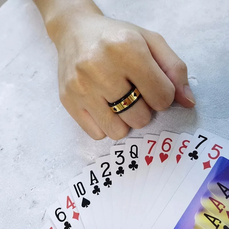 8mm Spinner Stainless Steel Ring Black Color Lucky Playing Card Poker Mens Accessories 3
