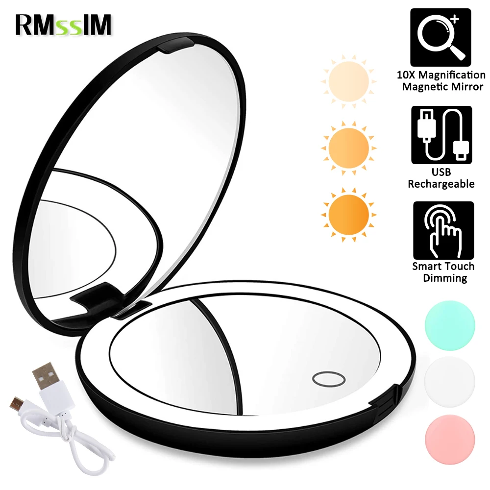 

New Mini Folding LED Light Makeup Mirror Portable Travel Mirror Illuminated Round Mirror 10X Magnification Makeup Compact Mirror
