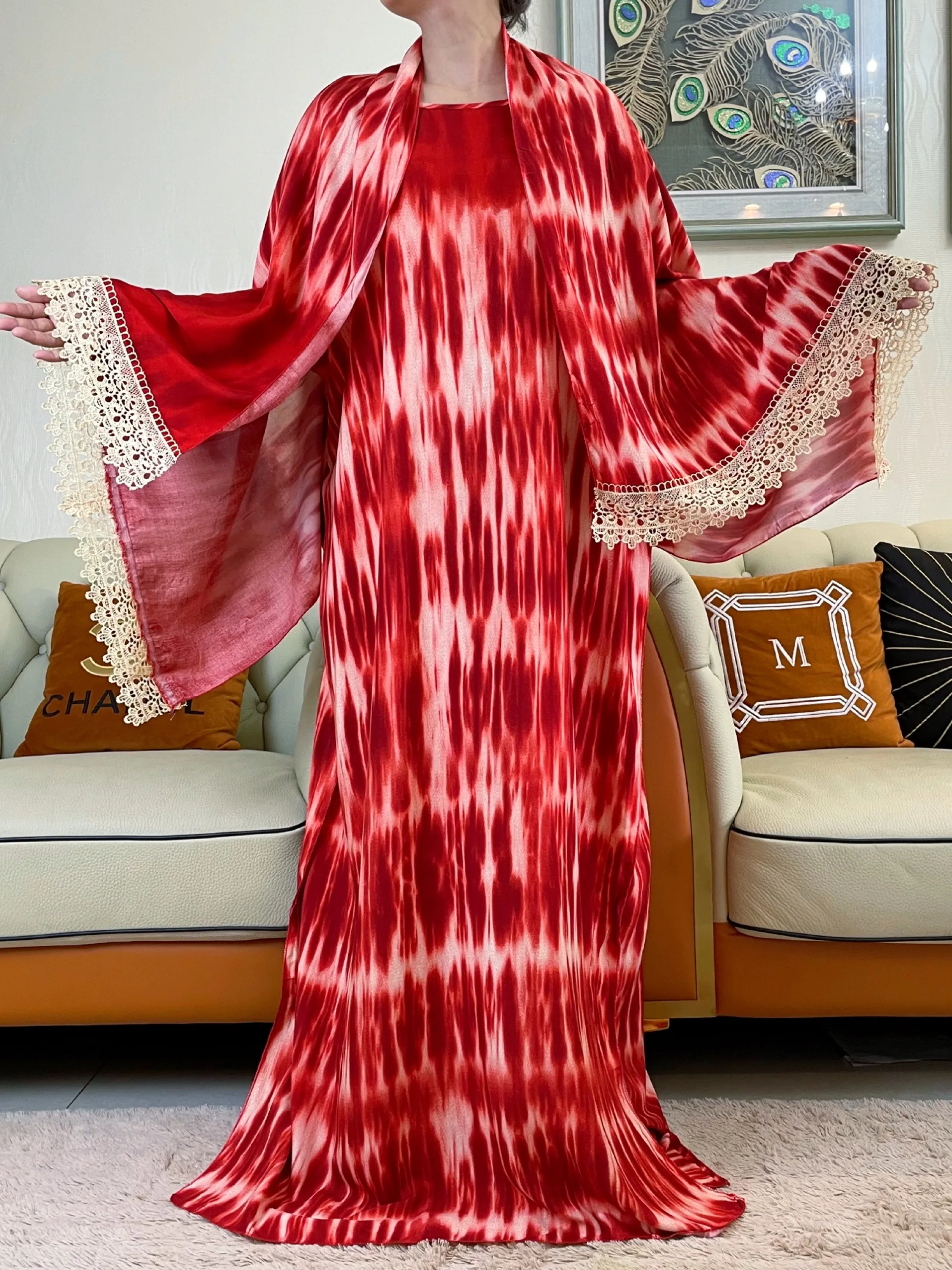 Muslim Batik Cotton Fabric Dresse with Big Scarf For Women 2023 Summer Short  Sleeve Femme Robe African  Traditional Abayas