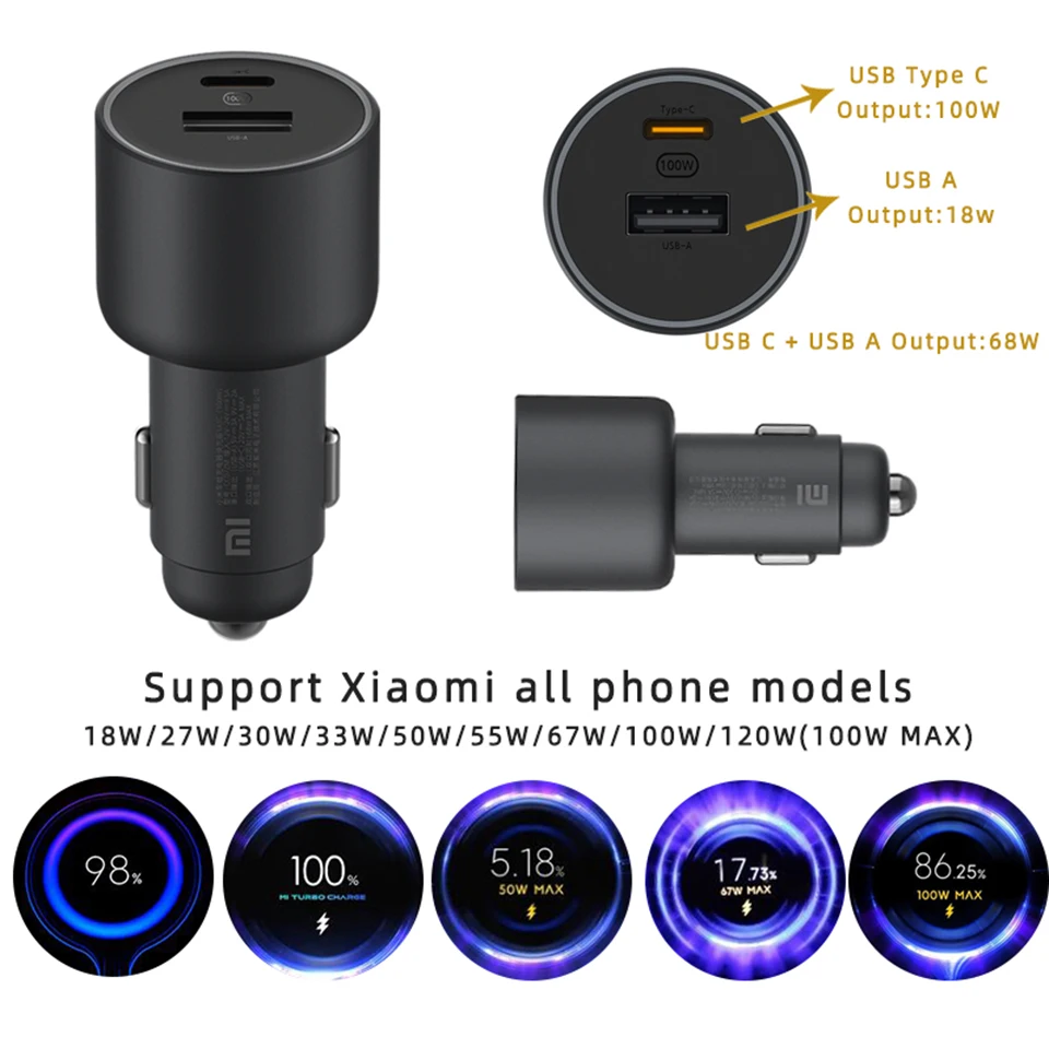 Xiaomi Charger Car 100w 67w Turbo Charge Fast Charging QC Charger