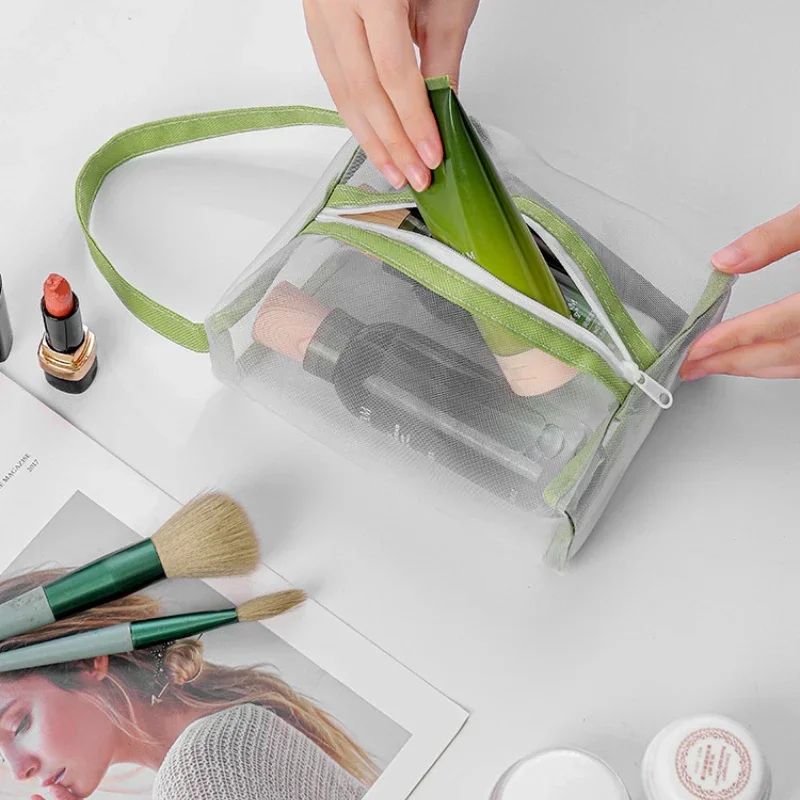 Transparent Nylon Mesh Cosmetic Bag Women Travel Portable Wash Bag Skincare Storage Make Up Pouch Large Capacity Pencil Bag