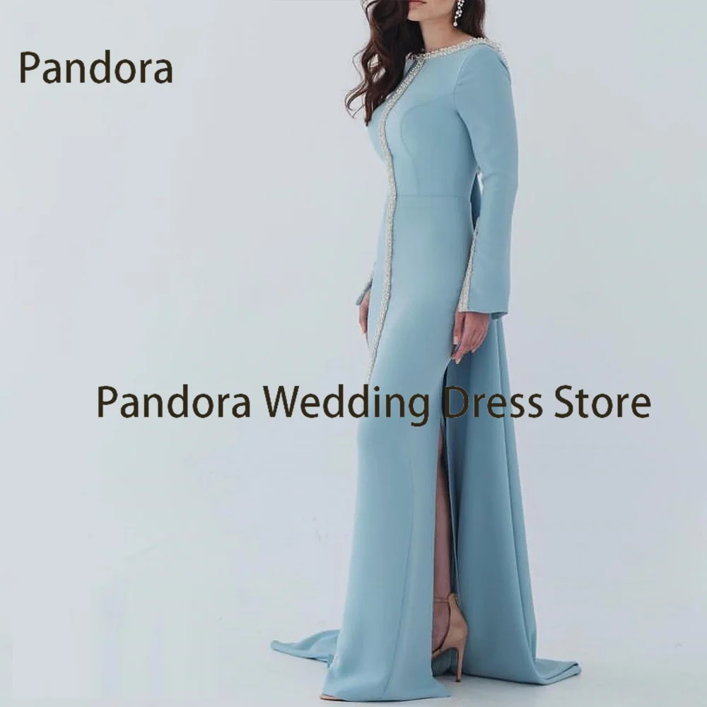 

Pandora Elegant High neck long sleeve floor-length formal gown backless sequin button slit mermaid lady wedding party dress
