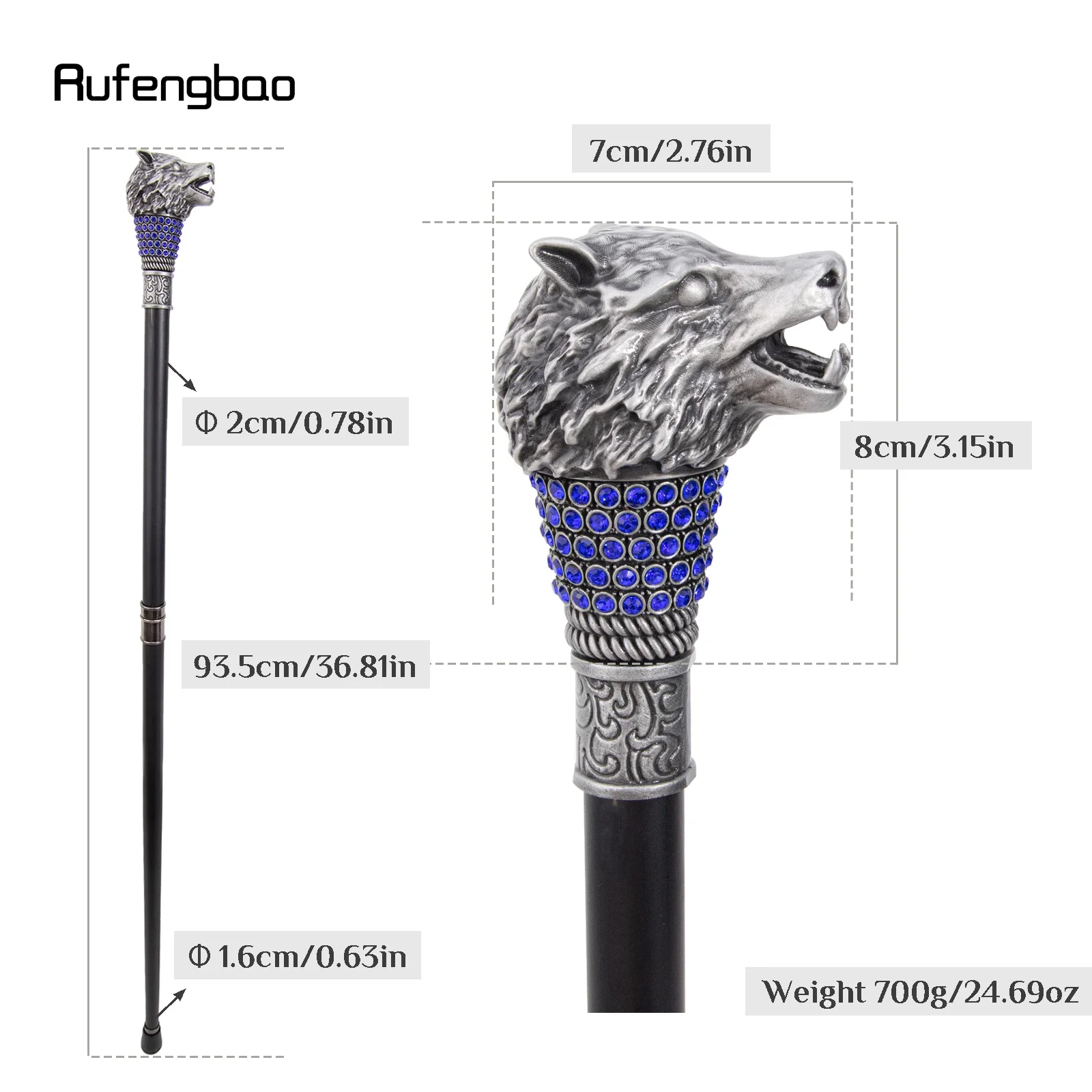 Golden Blue Wolf Head Decorative Stick Parties Decorative Cane for Halloween for Cosplay and Parties Cane 93cm