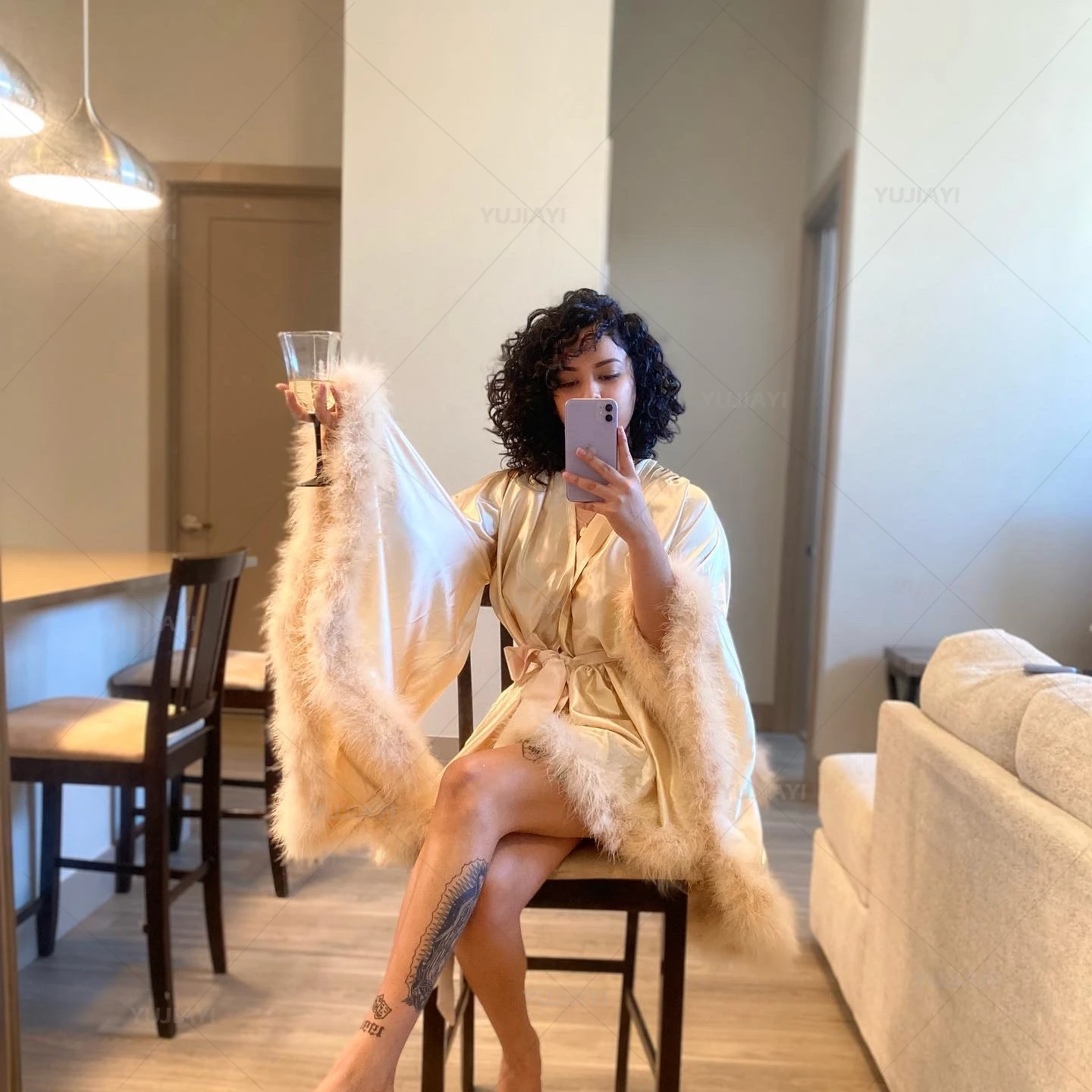 Maternity Robe Lingerie Flare Sleeves Silk Satin Bathrobe Short Sexy Feather Wedding Women Nightgown Gown Sleepwear Dress