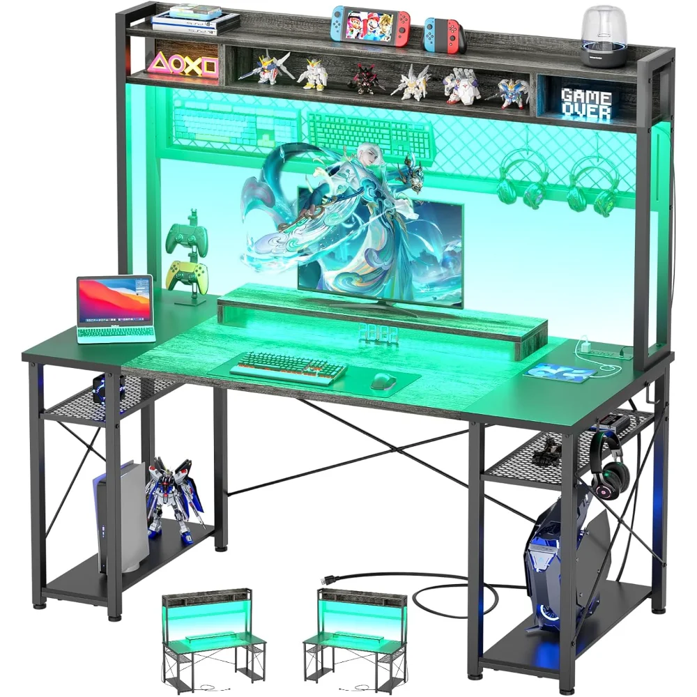 48 Gaming Desk with Hutch, Large Computer Desk with LED and Charging Station, Home Office Desk with Pegboard, Power Outlet feyree 7kw home wall mounted new energy electric vehicle type 2 charging pile with app