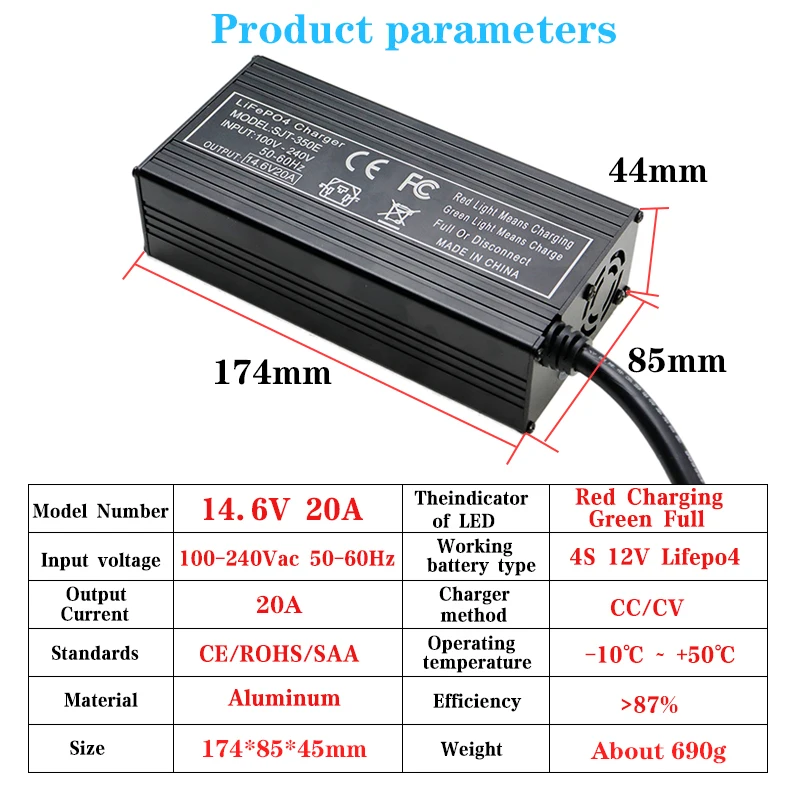 Caricabatterie per Batterie al Litio 12V 10A, 14,6V, AC-DC LiFePO4 con Connettore Anderson, Indicatore LED, Attivazione 0 per Batterie Ricaricabili al Litio LiFePO4 per Barche Camper | IT
