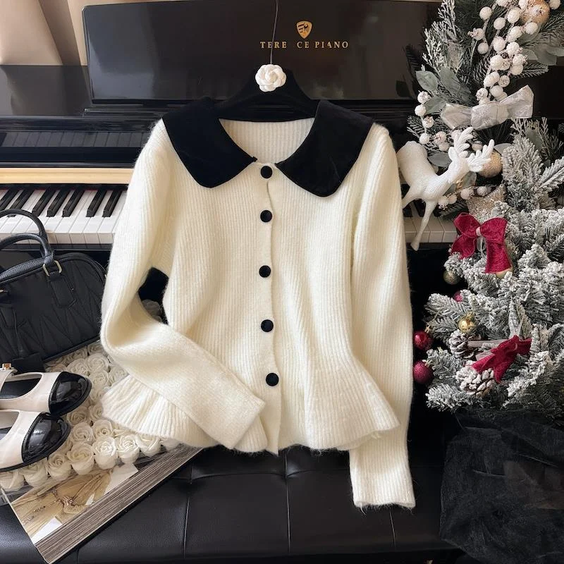 Fransk high-end dukkekrave cardigan sweater til kvinder i efterår vinter, vinter ny stil sød og blid_voghion.com