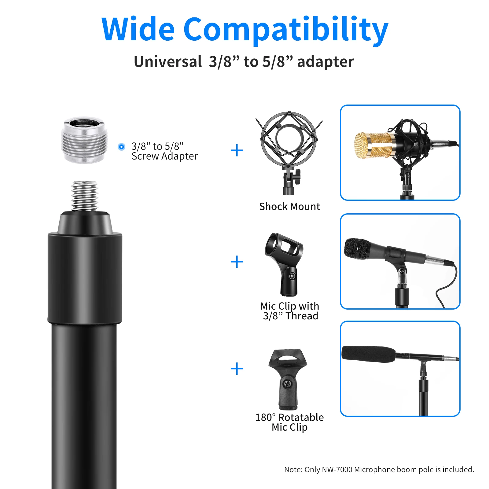 NW-7000 Microphone Boom Arm, 3 Section Extendable Handheld Mic Arm with 3/8" & 3