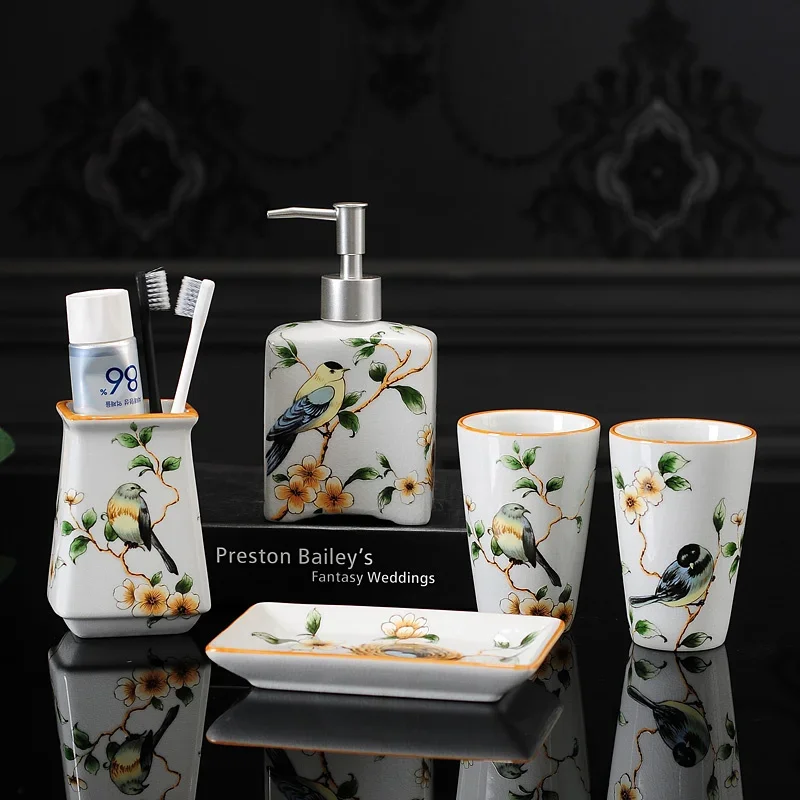 Bathroom Set Ceramic Liquid Soap Dispenser/Dish Toothbrush Holder Gargle Cup 5 Piece Flower & Bird Wedding Gift Birthday Present