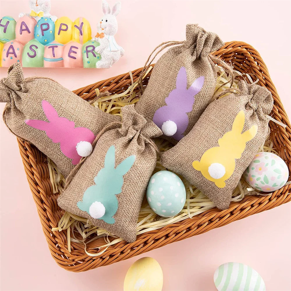 

24pcs Easter Bunny Burlap Bag With Drawstring Rabbit Linen Storage Bags Party Favors Decoration Candy Chocolate Gift Packaging