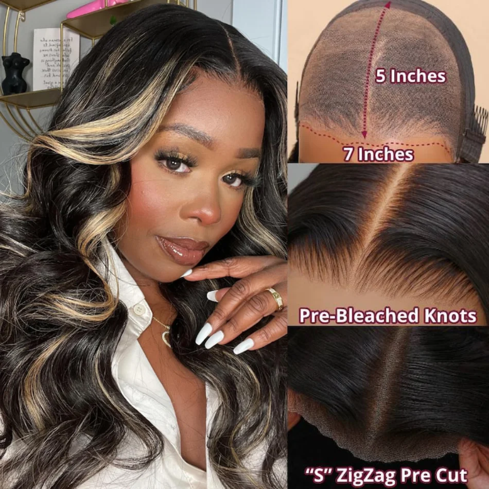 

UNice Hair Bye Bye Knots Wig 7x5 Blonde Highlight Balayage Black Body Wave Pre Bleached Invisible Knots Glueless Wig Human Hair