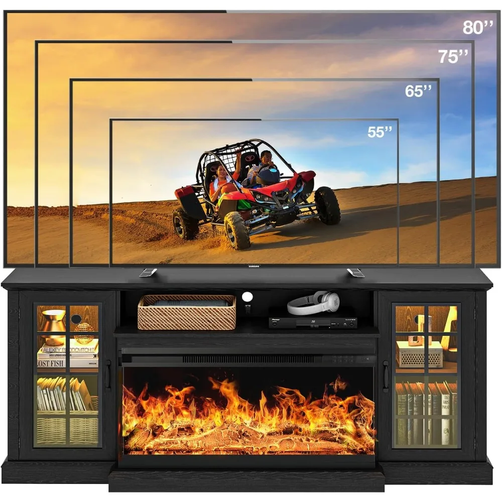 36 Inch 3-Sided Glass Fireplace TV Stand for TVs up to 80", Rustic Media Entertainment Center Console TSet of TV Stand 5