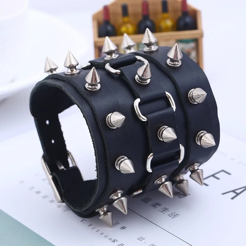 Punk Exaggerated Leather Bracelet Tapered Spikes Riveted Leather Bracelet Hip Hop Trend Cool Jewelry Accessories Gift for Friend 3