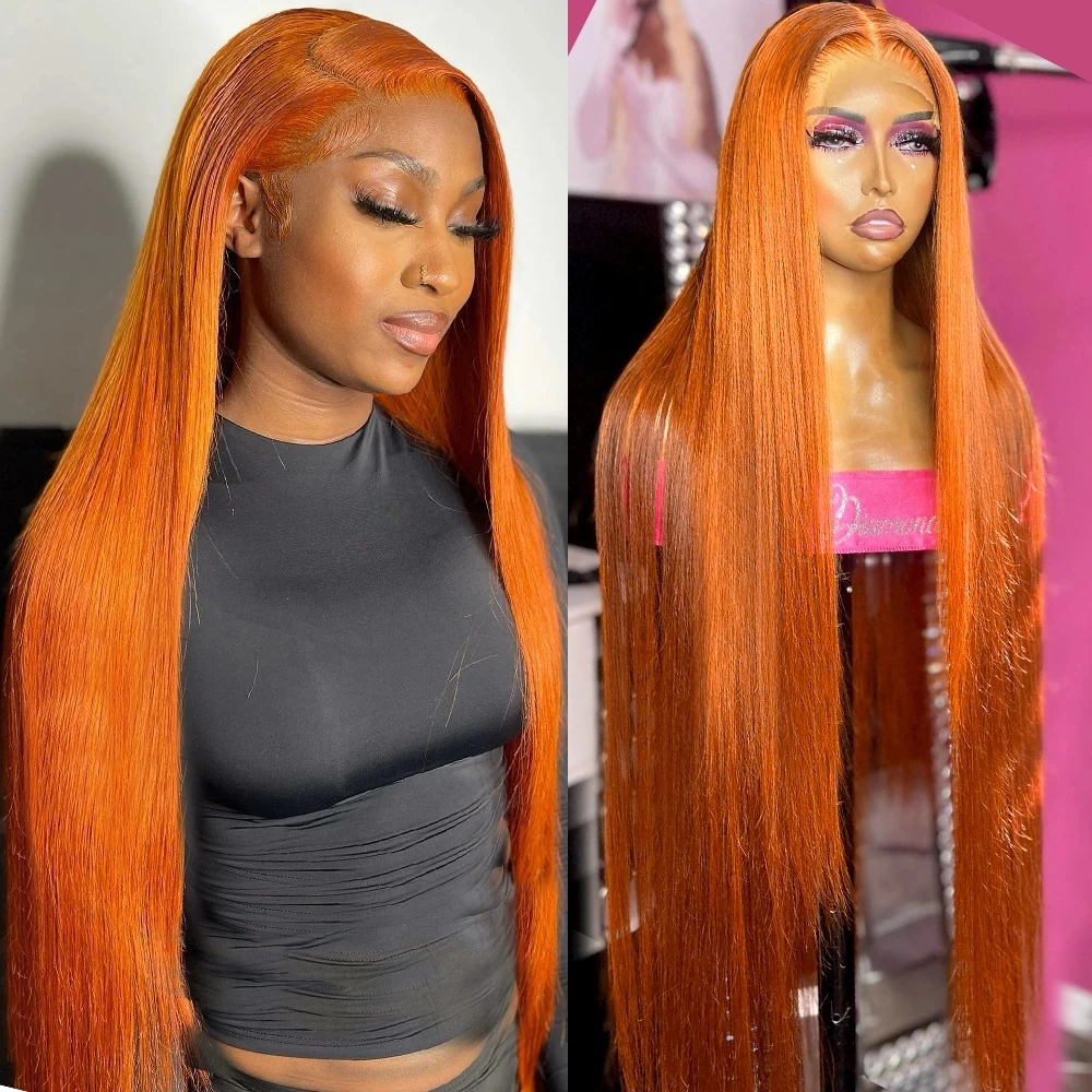 

Long Straight Orange Ginger Color Synthetic Hair Lace Frontal Wig For Women Glueless Fiber Hair Transparent Lace Wigs