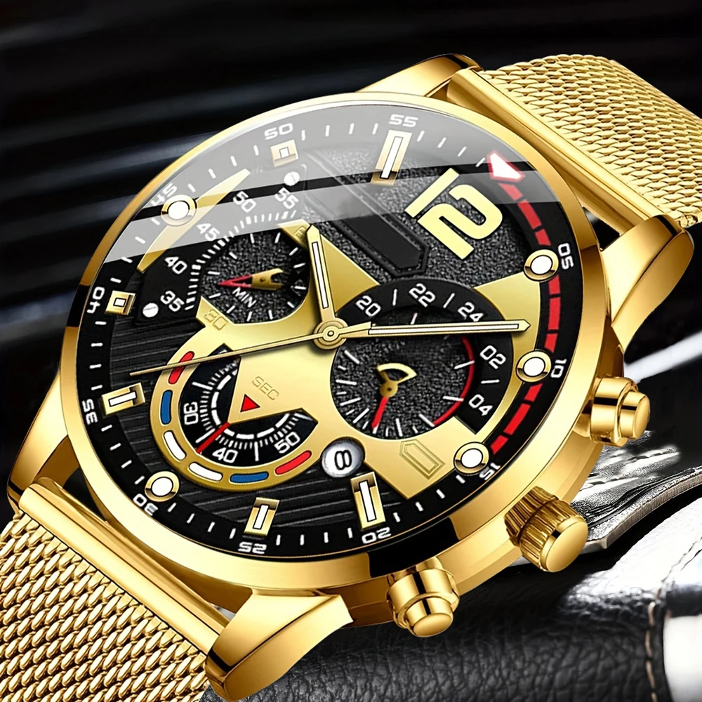 Watches Men Luxury Gold Watch Hour Bracelet Dial Stainless Steel Quartz Analog WristWatch Feida