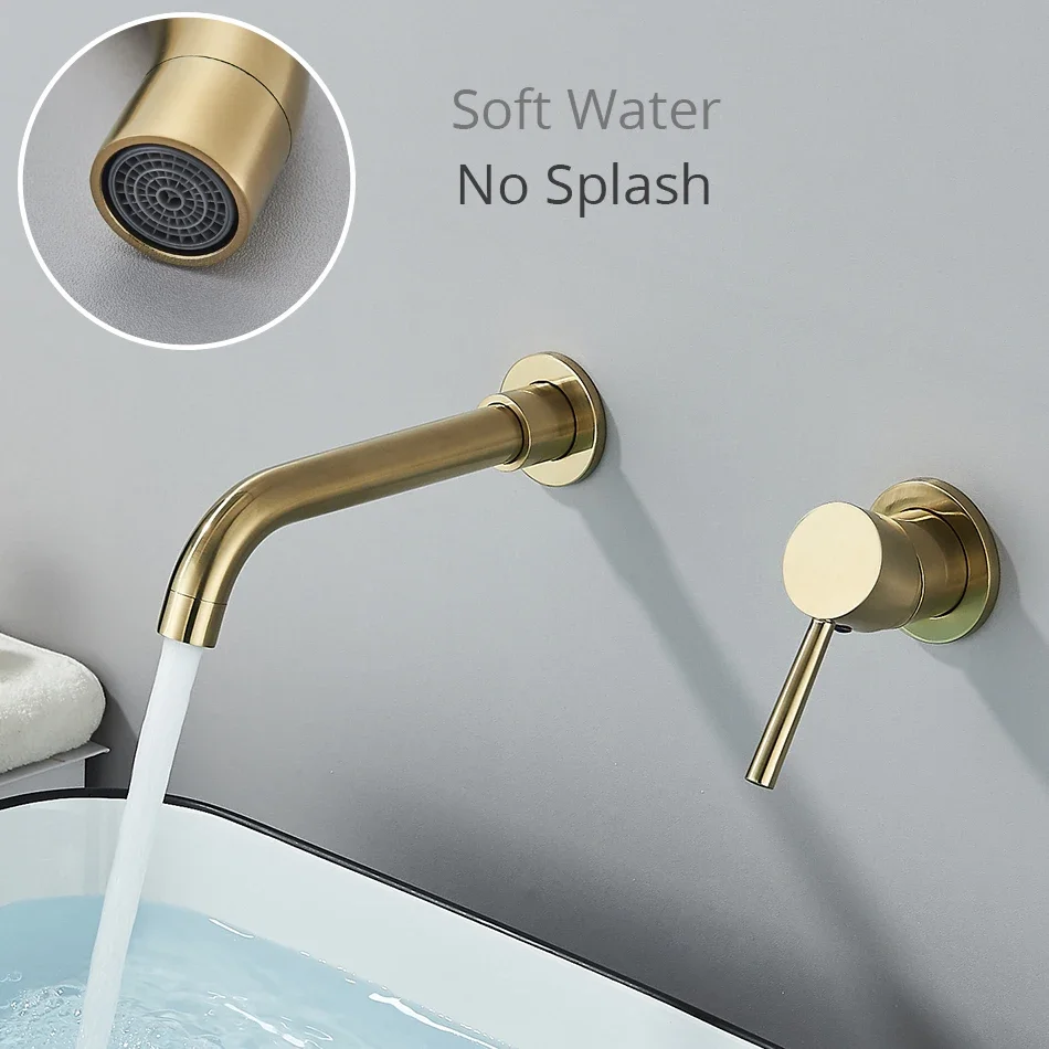 Modern Brass Wall Mounted Bathroom Basin Faucet Concealed Wall Sink 360° Swivel Spout Hot And Cold Water Bathtub Tap