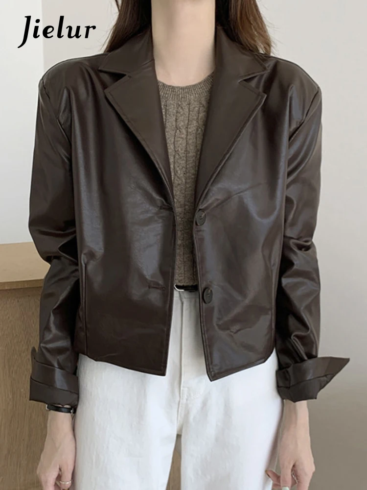 

Jielur Chic Sexy Brown Simple Women's Jackets V-neck Solid Color Fashion Female Coat Office Lady Single Breasted Casual Jackets